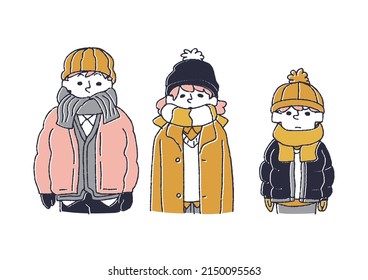 A set of people wearing heavy clothes, a comical handwritten person vector, a warm line drawing