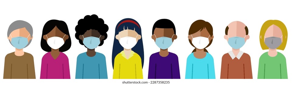 Set of people wearing mask to avoid coronavirus, different races, different skins colors, crowd wearing mask