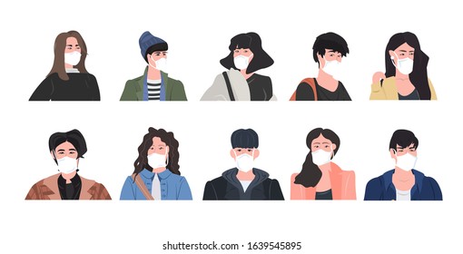 set people wearing mask to prevent epidemic MERS-CoV wuhan coronavirus 2019-nCoV pandemic medical health risk men women cartoon characters collection portrait horizontal vector illustration