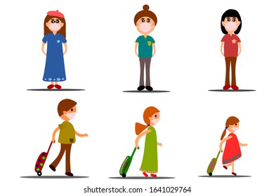 Set of people wearing the mask for protection from virus, bacteria and microbes. Don't forget to wearing your mask before go out. Vector illustration healthy care concept.