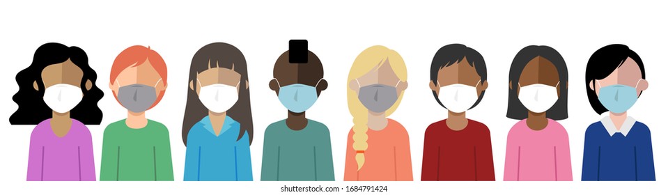 Set of people wearing mask to void coronavirus with no eyes or expression grupo of people different races different skin color Sanitary recommendations