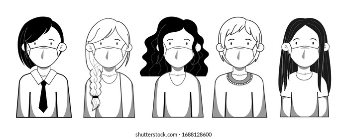 Set of people wearing mask to void coronavirus Diferent styles black and white different hair men and women sanitary recommendations