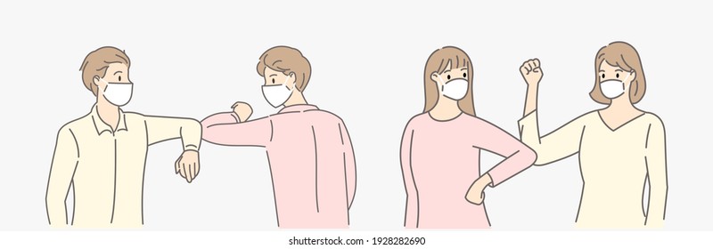 Set of people wearing masks elbow bump greeting. New normal greeting to avoid the spread of Coronavirus instead of greeting with hug or handshake. Hand draw style. Vector illustration.