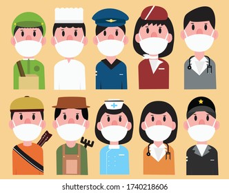 Set people wearing masks protecting  from the virus. Coronavirus epidemic.