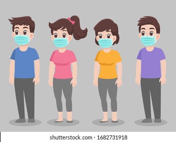 Set of people wearing protective Medical mask for prevent virus Wuhan Covid-19.Corona virus, character pose front side cartoon. Healthcare concept.