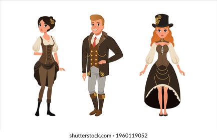 Grupo de personas con un vector de dibujos animados retro estilo Steampunk Set Ilustración