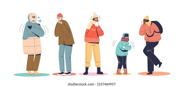 Set of people wearing warm wither clothes and freezing shivering from cold, trembling, embracing bodies and dancing to warm up. Unhappy men and women frozen. Cartoon flat vector illustration