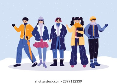 Set of a people wearing winter clothes collection 