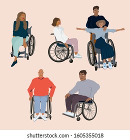 Set of people in wheelchair. Disabled young men and women. Vector flat illustration