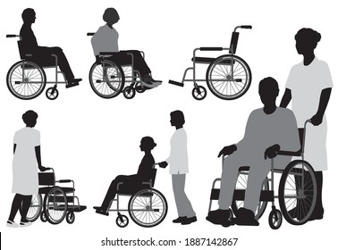 Set Of People In Wheelchair Undergoing Rehabilitation Program. Vector Silhouette Illustration Isolated On A White Background. 