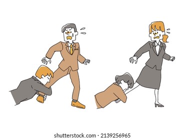 A set of people who are being pulled by others Comical handwritten person Vector, color on line drawing