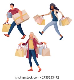 set of people who carry large shopping bags in their hands, isolated object on a white background, vector illustration,