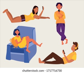 Set with people who communicate in different places via the Internet and phone