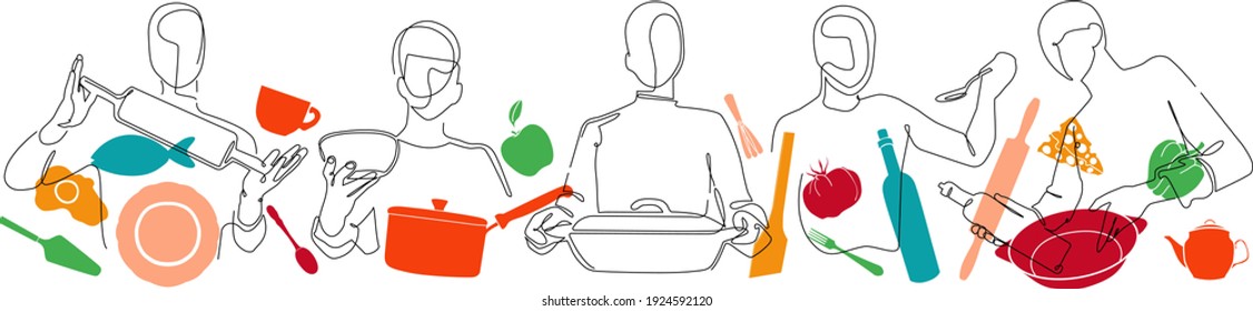 Набор с «Люди, которые готовят и посуда». Кулинарный фон. Плакат линейного искусства. Векторная иллюстрация.