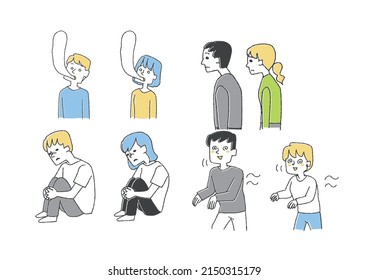 A set of people who are depressed or mentally involved, a comical handwritten person vector, a warm line drawing