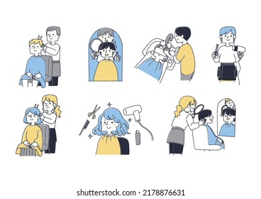 A set of people who enjoy time at the beauty salon Comical handwritten person vector, warm line drawing