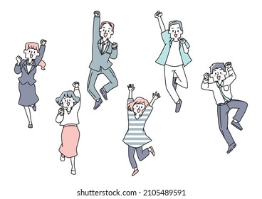 A set of people who express their joy and determination while pushing up their fists and jumping. Warm hand-drawn person illustrations.