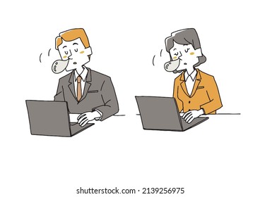 A set of people who fall asleep at work, a comical handwritten person, a vector, a line drawing and a color