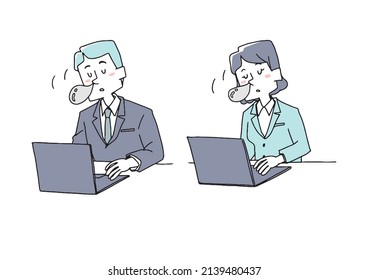 A set of people who fall asleep at work, a comical handwritten person, a vector, a line drawing and a color