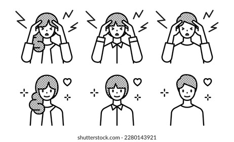 A set of people who are frustrated with their heads and happy with the solution