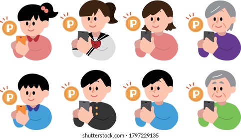 A set of people who get points on a smartphone