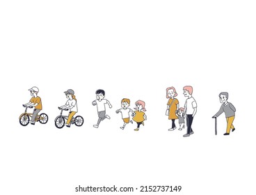A set of people who go to the city for each purpose Comical handwritten person Vector, line drawing and color