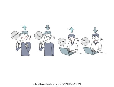  A set of people who are happy and depressed above and below the stock price Comical handwritten person Vector, simple coloring of line drawings
