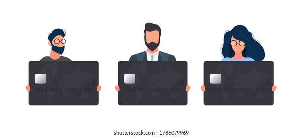 A set of people who hold a black bank card. Young man in a jacket holds a plastic card for an ATM machine, isolated on a white background. Vector.