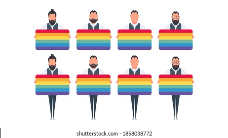 A set of people who are holding the LGBT flag. Vector.