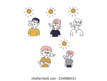  A set of people who are hot under the scorching sun, a comical handwritten person vector, a warm line drawing