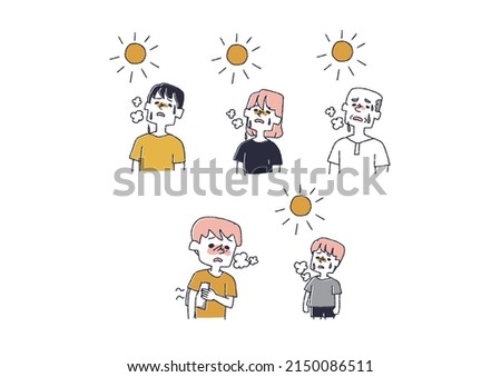  A set of people who are hot under the scorching sun, a comical handwritten person vector, a warm line drawing