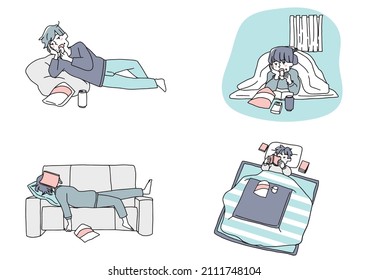 A set of people who live a daily life with comical handwritten figures Vectors, simple coloring of line drawings