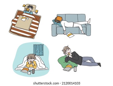 A set of people who live a sloppy daily life, a comical handwritten person, a vector, and simple coloring of line drawings.