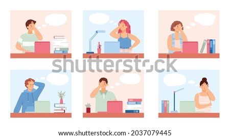 Set of people who made mistake in computer, pressing hand to forehead with expression of regret and despair, flat vector illustration isolated on white background.