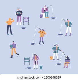 A set of people who make ice holes and make ice fishing. flat design style minimal vector illustration