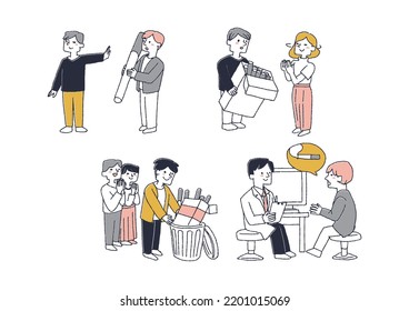 Set of people who overcame the temptation to smoke Comical hand-drawn characters Vector, line drawing and color