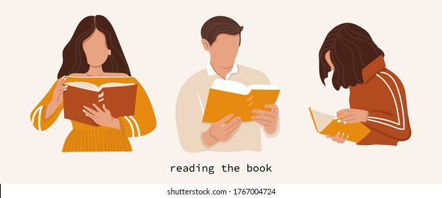 Set of people who read books from an isolated background. Young people. Stylish illustration. Read more concept books. Cover for training sites. Flat illustration. People. Vector.