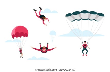 Set of people who skydive in cartoon style. Vector illustration of girls and guys who are free-falling and have already opened their parachute on white background with clouds.