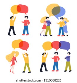 Set of people who stand and discuss.  Social network, chat concept. Vector illustration on white background.