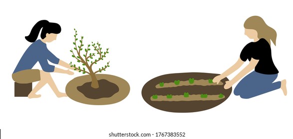 
Set of people who take care for small tree and seedlings. Women sit next to garden bed with new plants. Spring garden work.  