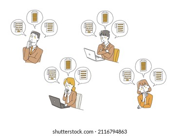  A set of people who are thinking about changing jobs Comical handwritten person Vector, simple coloring of line drawing