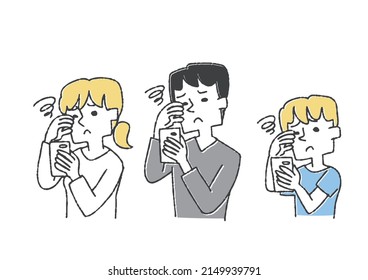 A set of people who are tired of their eyes due to overlooking the smartphone Comical handwritten person Vector, line drawing and color