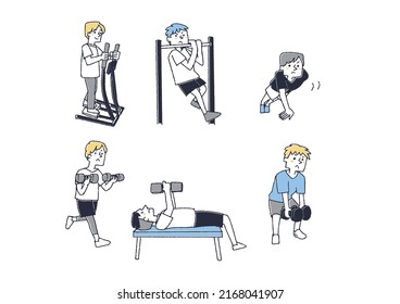 A set of people who train their bodies in a stoic manner Comical handwritten person Vector, line drawing and color