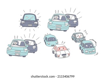 A set of people who are troubled by annoying acts on the road and driving in a hurry. A comical handwritten person. Simple coloring of line drawings.