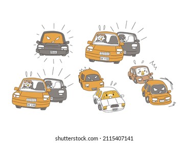 A Set Of People Who Are Troubled By Annoying Acts On The Road And Driving In A Hurry. A Comical Handwritten Person. Simple Coloring Of Line Drawings.