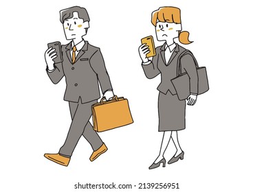 A set of people who are walking smartphones, a comical handwritten person, a vector, a line drawing and a color