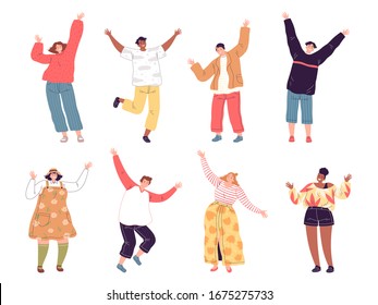 Set of people who wave their hands. Young men and women laugh and raise their hands up in joy and for greeting. Isolated characters on a white background.