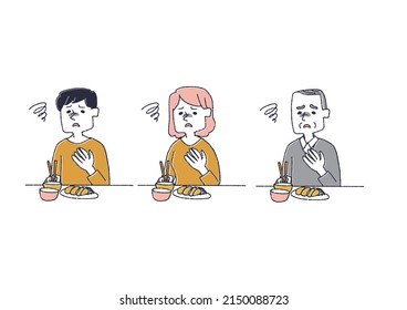 A set of people whose food does not go through the throat Comical handwritten person vector, warm line drawing
