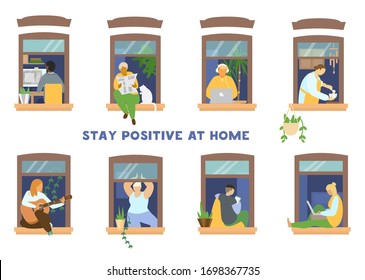 Set Of People In Windows Doing Different Activities. Studying, Reading Paper, Working, Cooking, Playing Guitar, Doing Yoga. People Staying Home. Flat Vector Illustration.