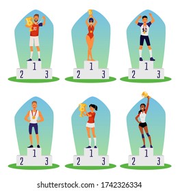 Set of people winners in sport competition or championship standing on pedestals with award cups in hands, flat vector illustration isolated on white background.